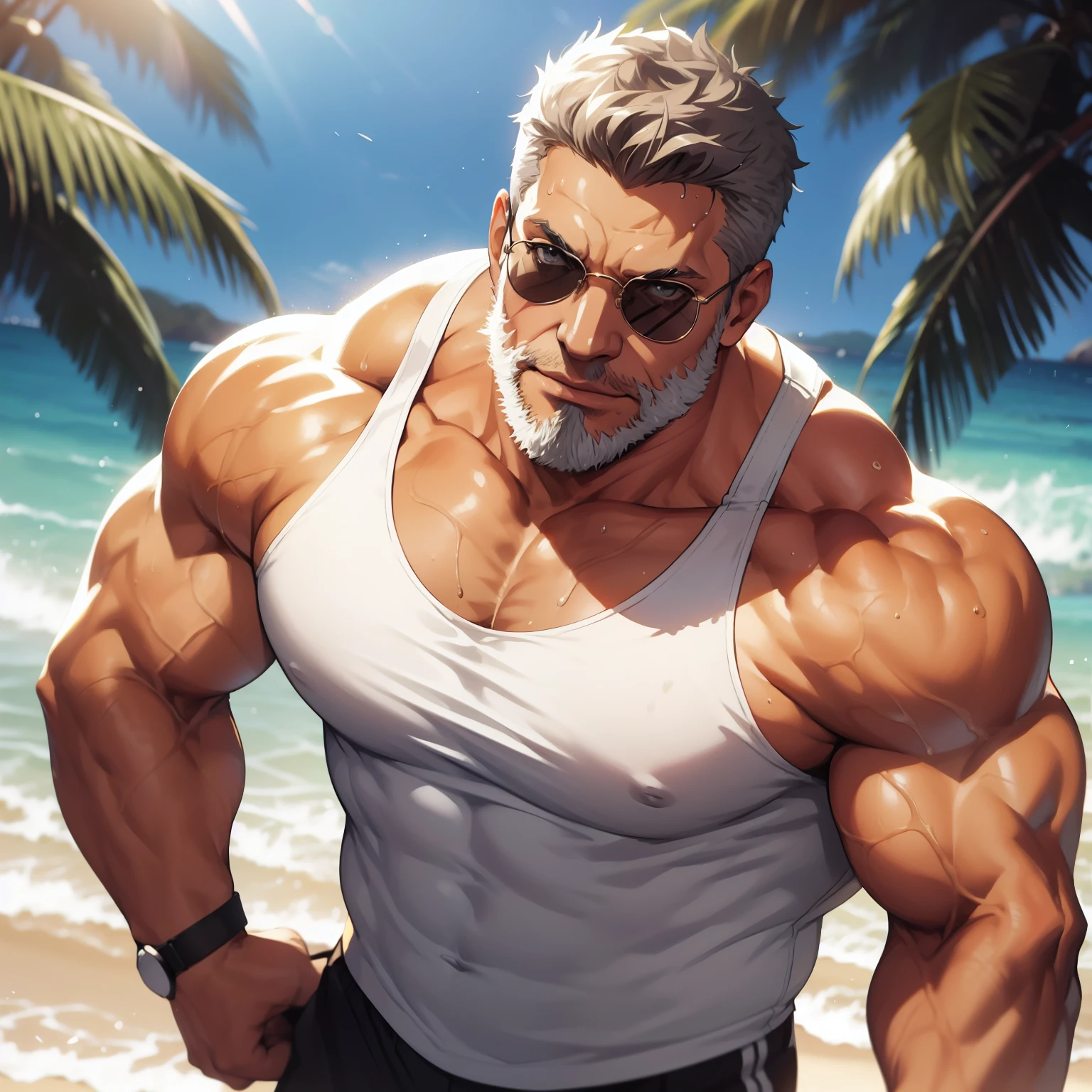 A handsome rich man at the beach, muito lascivo, imponente, Vista lateral, below pov, corpo inteiro, 50 years old, grey short hair , thick grey beard, dark oliva skin color, peitorais largos, peitorais enornes, hair chest, pose sensual, rindo do espectador, wearing a tight white tank top and a tight speedo, sunglasses, wet body, bare arms, big bulge, thick thights, Obra-prima maravilhosa altamente detalhada, beautiful cinematic light deep focus, elegante, Pintura digital, sementes, sharp focus, golden ratio, dramatic lighting, 8k