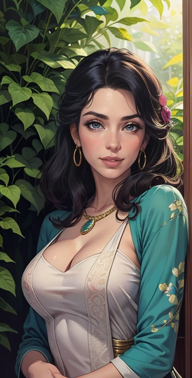 a girl with beautiful eyes and detailed lips, average: oil painting, em um jardim. A has long eyelashes and a captivating look. She's wearing a flowing dress, adorned with vibrant colors and intricate patterns. The garden is filled with lush greenery and vibrant flower beds, creating a peaceful and serene atmosphere. Sunlight filters through the leaves, casting a gentle, brilho quente na cena. A arte deve ter a melhor qualidade, com recursos ultra-detalhados e um visual realista, estilo fotorrealista. As cores devem ser vivas e vibrantes, mostrando a beleza da e do jardim.