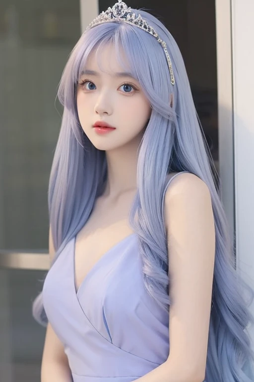 Girl, cute, elegant, beautiful tiara, beautiful pale purple and pale blue long dress, pale blue hair, hime cut hairstyle, beautiful eyes