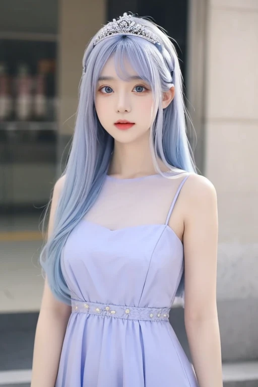 Girl, cute, elegant, beautiful tiara, beautiful pale purple and pale blue long dress, pale blue hair, hime cut hairstyle, beautiful eyes