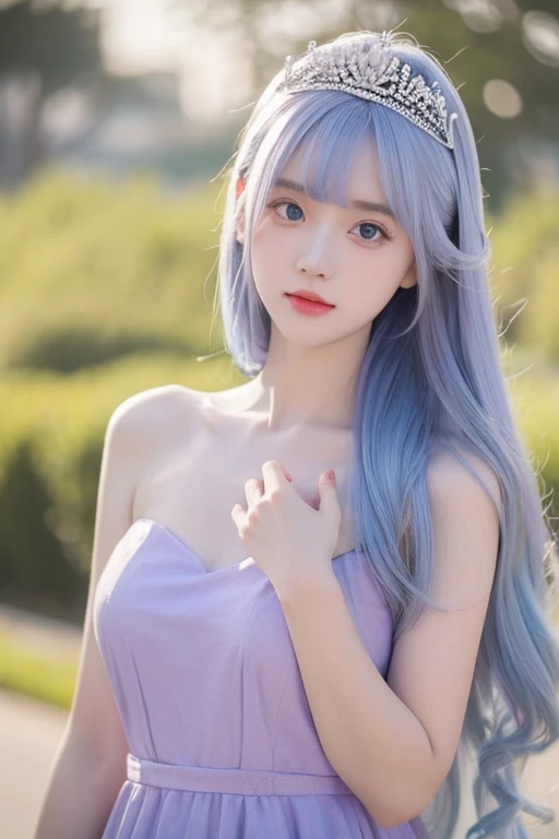 Girl, cute, elegant, beautiful tiara, beautiful pale purple and pale blue long dress, pale blue hair, hime cut hairstyle, beautiful eyes