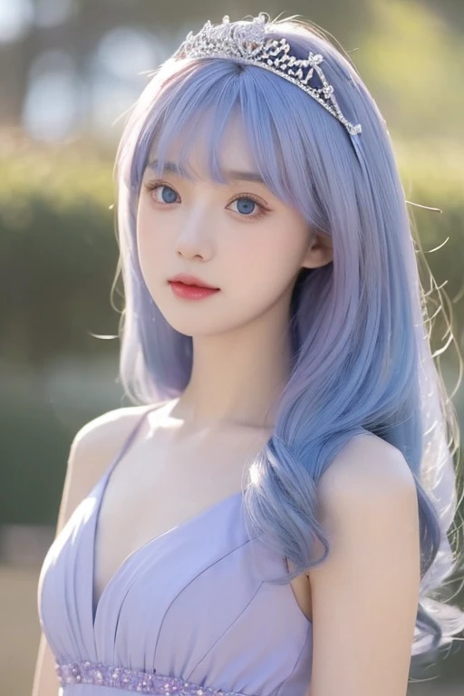 Girl, cute, elegant, beautiful tiara, beautiful pale purple and pale blue long dress, pale blue hair, hime cut hairstyle, beautiful eyes