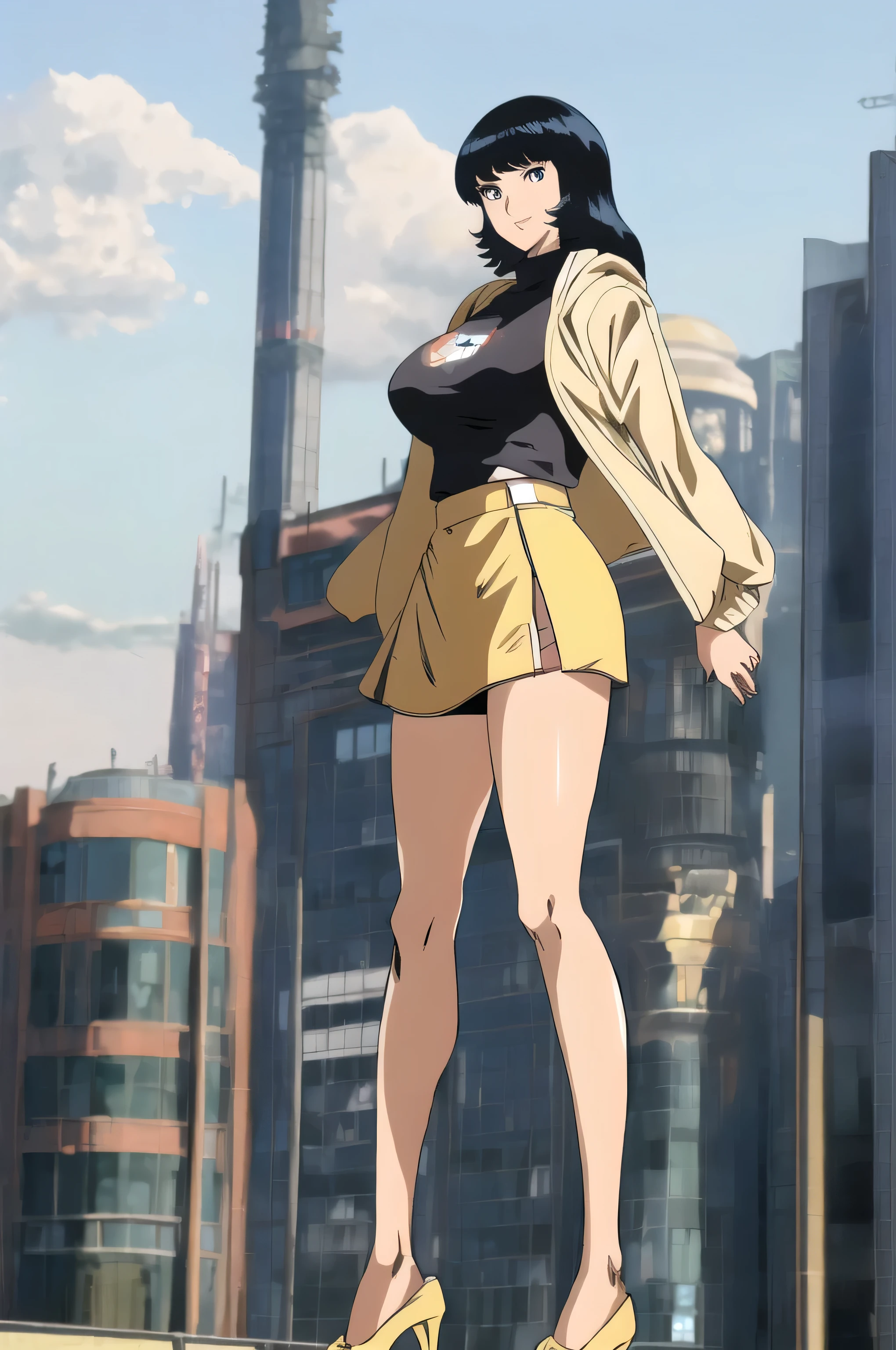 (Masterpiece, Top Quality, Highly Detailed, 16K Anime High Resolution, Anime Style, Clean Brush Strokes, Highly Detailed, Anatomically Perfect Body), ((Fayuri)), Solo, Sexy, Perfect Face, beautiful smile, medium hair, black hair, beautiful and delicate eyes, black eyes, glamorous body, tall body, (big breasts: 1.0), (jacket, blue), (T-shirt), (yellow miniskirt, one side cut) ), black high heels, toned stomach, wide hips: 0.5, (big butt: 0.6), tall, beautiful legs, (standing, front, legs apart), forward facing, (city background), low angle photo ,