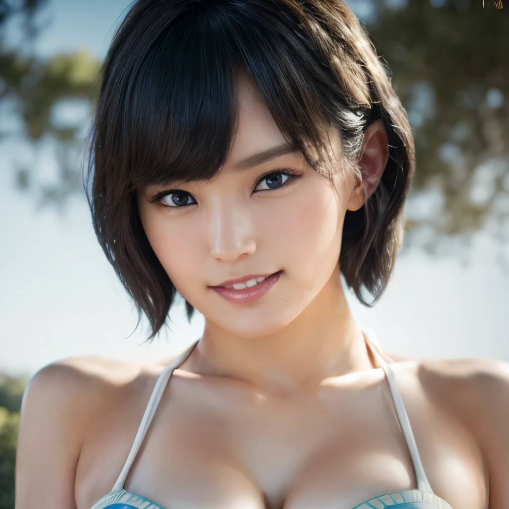 1 girl, So cute, Great face and eyes, (Beautiful lovely smile), (Very detailedな美しい顔), Bright and shiny lips, Keep staring at me, so beautiful, Swimwear(Micro Bikini), Big Breasts、(highest quality:1.4), (super high quality), (Very detailed), (Surreal, Photorealistic:1.37), Real skin texture, 8K wallpapers incorporating highly detailed CG, RAW Photos, Professional photos, Cinema Lighting,