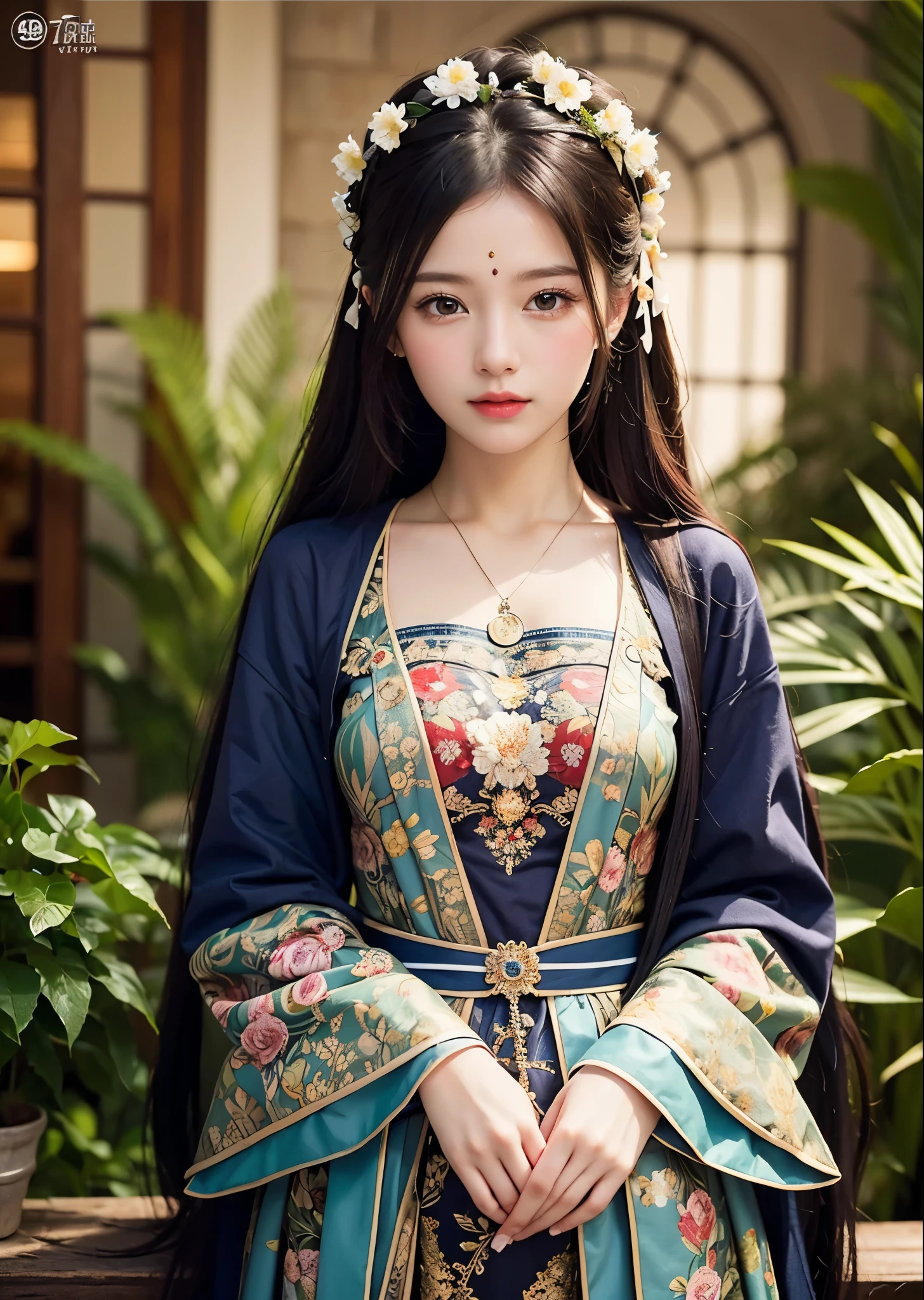 (masterpiece, highest quality, highest quality, Official Art, beautifully、aesthetic:1.2), (1 girl), Very detailed,(Fractal Art:1.3)、Front facing body and face、colorful,Most detailed, Background with fractals and various floral and greenery details
