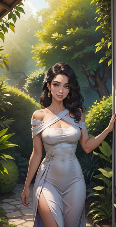 a girl with beautiful eyes and detailed lips, average: oil painting, em um jardim. A has long eyelashes and a captivating look. She's wearing a flowing dress, adorned with vibrant colors and intricate patterns. The garden is filled with lush greenery and vibrant flower beds, creating a peaceful and serene atmosphere. Sunlight filters through the leaves, casting a gentle, brilho quente na cena. A arte deve ter a melhor qualidade, com recursos ultra-detalhados e um visual realista, estilo fotorrealista. As cores devem ser vivas e vibrantes, mostrando a beleza da e do jardim.