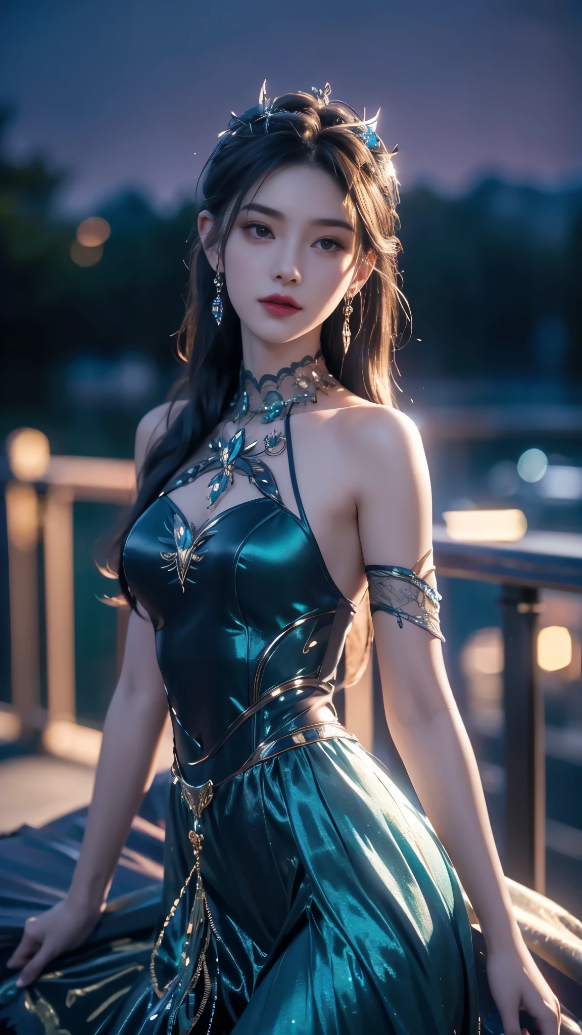 8K, UHD, MAsterpiece, best quality, 1 girl, ((realistic face)), happy pace, very long hair, small breasts, perfect waist, decorated dress, very beautiful ornaments dress, teal color, ((lace)), mesh dress, mesh cape flowing, sardine, loops, navel, ((ornaments)), legendary night balcony, ((night:1.5)), depth of field, cinematic lighting, chromatic aberration, motion blur, glowing light, god rays, ray tracing, reflection light, backlighting, bloom, chromatic aberration abuse, multiple monochrome, (((front body))),