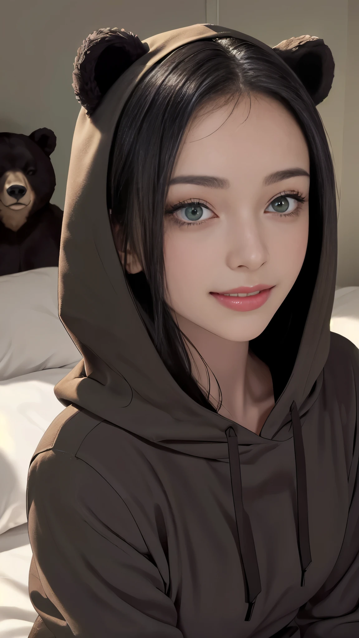 beautiful, (masterpiece), highest quality, (extremely detailed face), extremely detailed eyes, Perfect lighting, Overall detailed, detailed, Deep Skin,Textured skin,
,bear costume ,black bear costume, Long sleeve, Wearing a hood,,mallow , Long Hair, Green Eyes, Big smile,On the bed ,sitting between pillows,
,