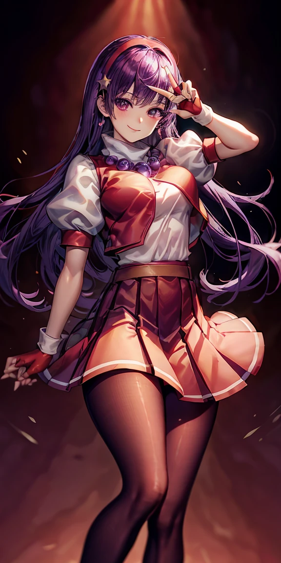 (masterpiece), (best quality), (Super detailed), Intricate details, no background, White background, Athena 97, 1 girl, Solitary, Purple Eyes, purple hair, Long hair, White earrings, Red hair band, Star Hair Accessories, Medium breasts, Red vest, White Turtleneck Sweater, White puff sleeves, Short sleeve, Red pleated skirt, (deep red pantyhose:1.2), Black pantyhose, Yellow belt, Purple ball necklace, red fingerless gloves, White socks, Red Shoes, Smile, blush, peace fingers, Cowboy shooting,