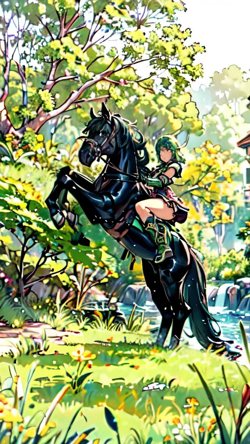 ((best quality)), ((anime masterpiece)), (high detailed), 8k, cinematic lighting perfect face, medium breast, cleavage, female knight riding a BLACK HORSE, ({green hair}, green armor, green miniskirt, green leather boots), (saddle, reins, bridle, stirups), wet body, open little mouth, solo, both hand holding rein, in the river+, swimming in the river++, from side, (close-up: 1.5), anatomically correct
