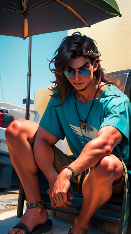 Young adult Greek, handsome, strong, muscular, with a gray and green Hawaiian t-shirt, scarlet shorts, brown sandals, sunglasses, dolphin necklace, long hair painted black with blue and purple tufts, sitting and doing a double bending of arms in a Jeep Wrangler Hunter