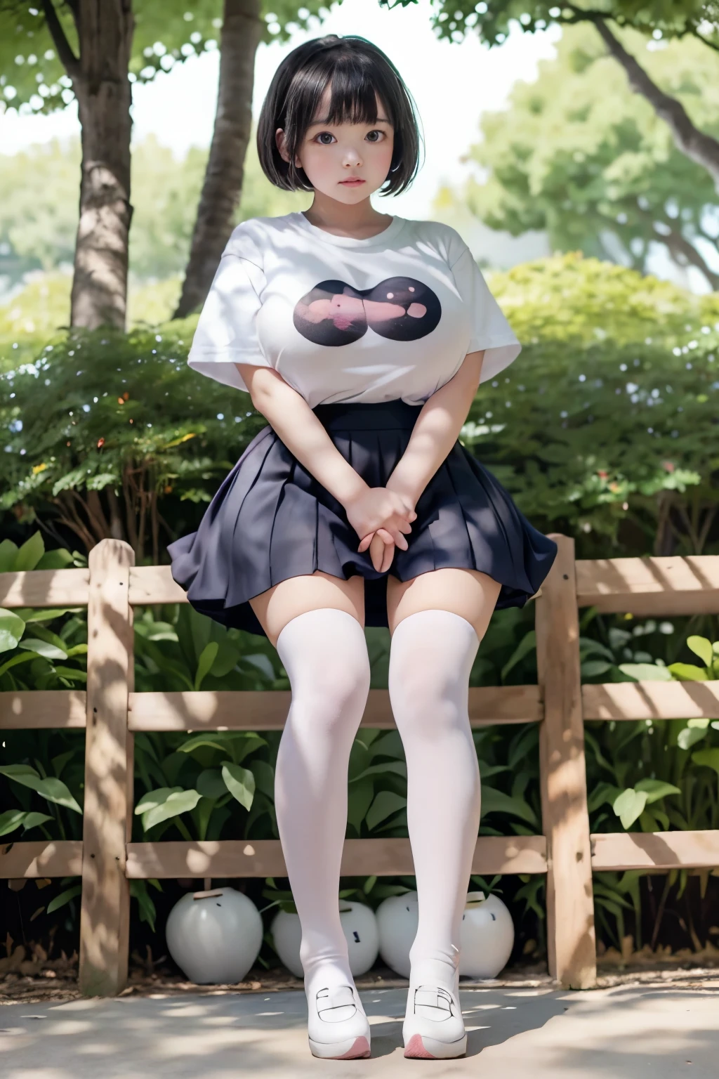 Realistic, 1 girl, adorable face, 18 years old, short stature, baby face, cute face, detailed face, detailed eyes, cute posed, ((gigantic breasts)). ((Heavy breasts)). Wearing t-shirt, skirt, plum legs, knee high socks, (full body shot). Outdoor, SFW, best Quality, hyper detailed, 4k, UHD