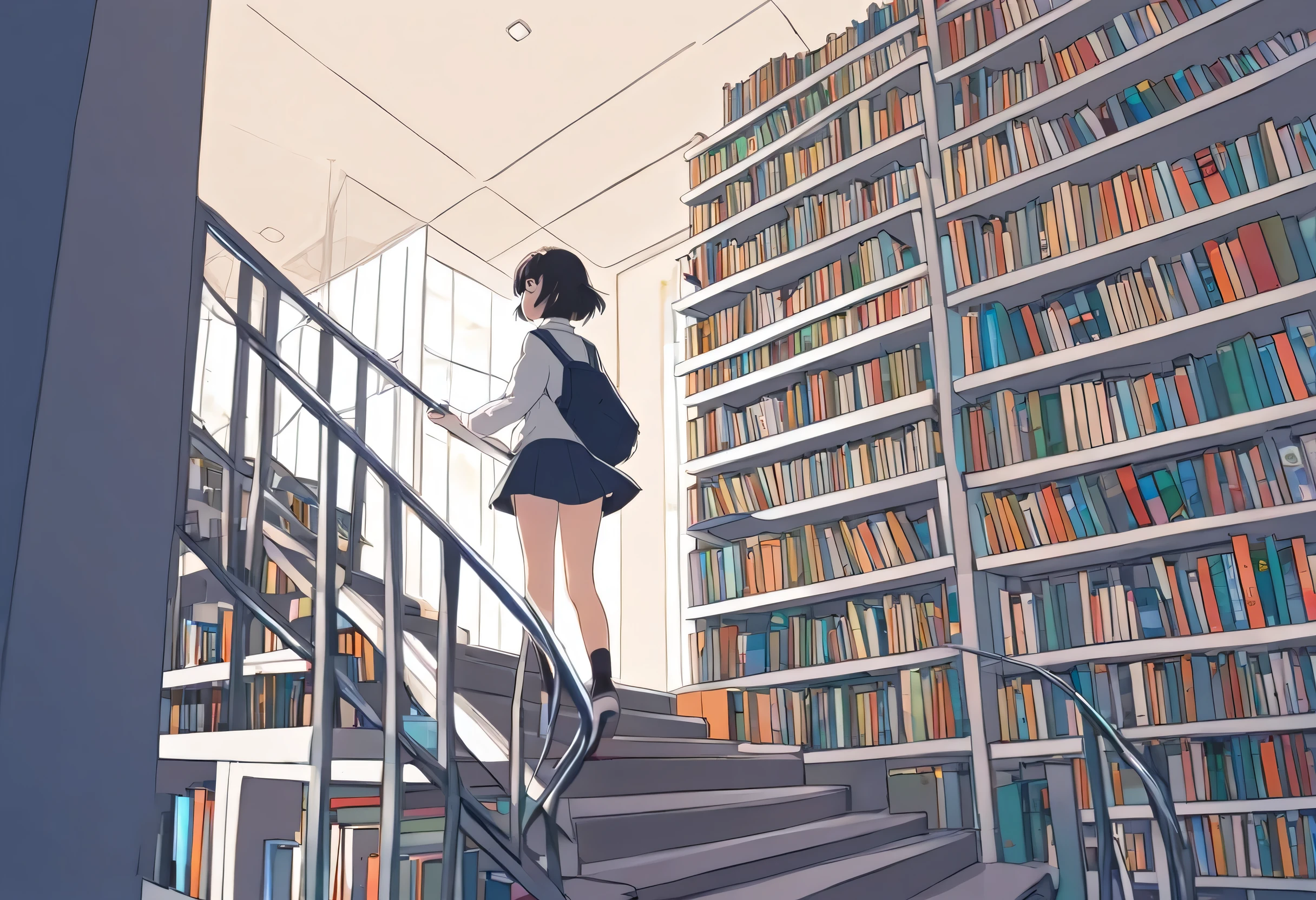 Happy woman standing on stairs with cartoon bookshelf, Anime drawn by Kamisaka Setsuka, Pixiv, Conceptual Art, LOFI Girl, Anime Background Art, Anime Aesthetics, Tokyo Anime Scene, Lofi Art, in Makoto Shinkai's Style, Makoto Shinkai's Style, LOFI Girl aesthetic, 9 0 s Anime Aesthetics