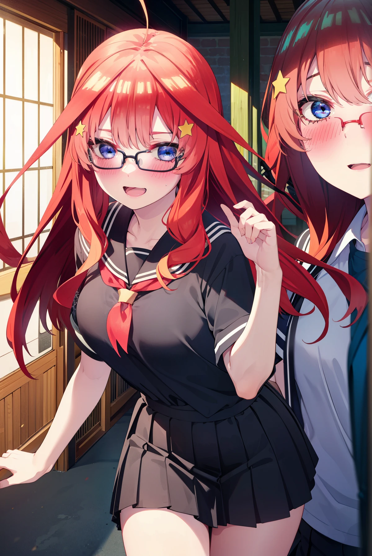 itsukinakano, Itsuki Nakano, bangs, blue eyes, Hair between the eyes, Ahoge, Redhead, star \(symbol\), hair ornaments, star 髪飾,blush,smile、happy smile, smile, Open your mouth,Akagi glasses,Big Breasts,Japan High School Girl(Black sailor suit),Short sleeve,black pleated skirt,Black knee-high socks,Brown loafers,Walking,morning,morning陽,The sun is rising,whole bodyがイラストに入るように,Walking
break outdoors, In town,Building district,
break looking at viewer, whole body,
break (masterpiece:1.2), highest quality, High resolution, unity 8k wallpaper, (figure:0.8), (Beautiful fine details:1.6), Highly detailed face, Perfect lighting, Highly detailed CG, (Perfect hands, Perfect Anatomy),