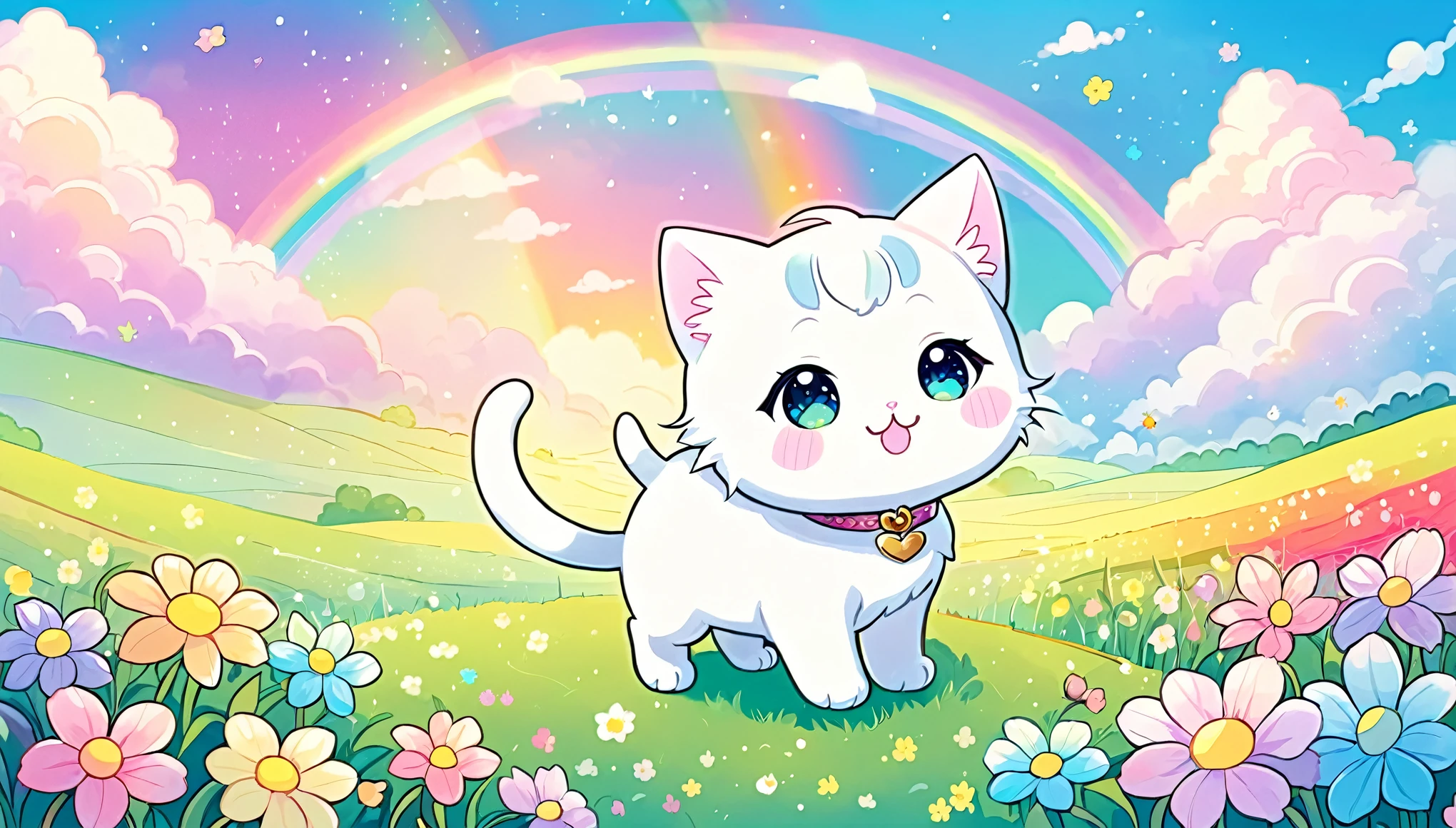 cute ふわふわのcloud, Original Chibi Cat, fantasy, cute, White cat illustration, rainbow,Pastel tones,field,Lively,cloud