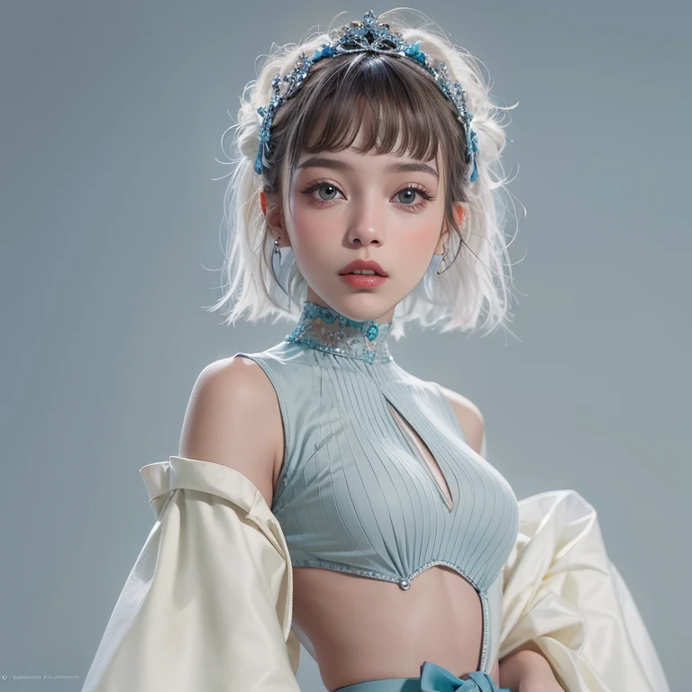 so beautiful, well-groomed girl, With clean skin, Normal functions, Beautiful Lips, And there was a faint smile on her face. Beautiful appearance, Modern clothing, Cool and modern couture dresses. Presentation Background, Neutral Gray Blue, In virtual space. highest quality, 16,000 people.. Full HD, Cinematic Rendering. Create a work of art, Sharing Baby Miquela's Unique Beauty.., Famous digital influencers. Check out her unique facial expression, When she looks straight into the camera., I tried to capture the intensity in her piercing blue eyes.. Capture her signature style with a Spanish hairstyle., Styled with two carefully crafted hair pieces.. Add details, It reflects her glamorous and avant-garde personality... We handled it, Conveying an atmosphere of modernity and originality, Lil Miquela's unique place in the digital world. ., Few freckles or birthmarks, short hair, wrap