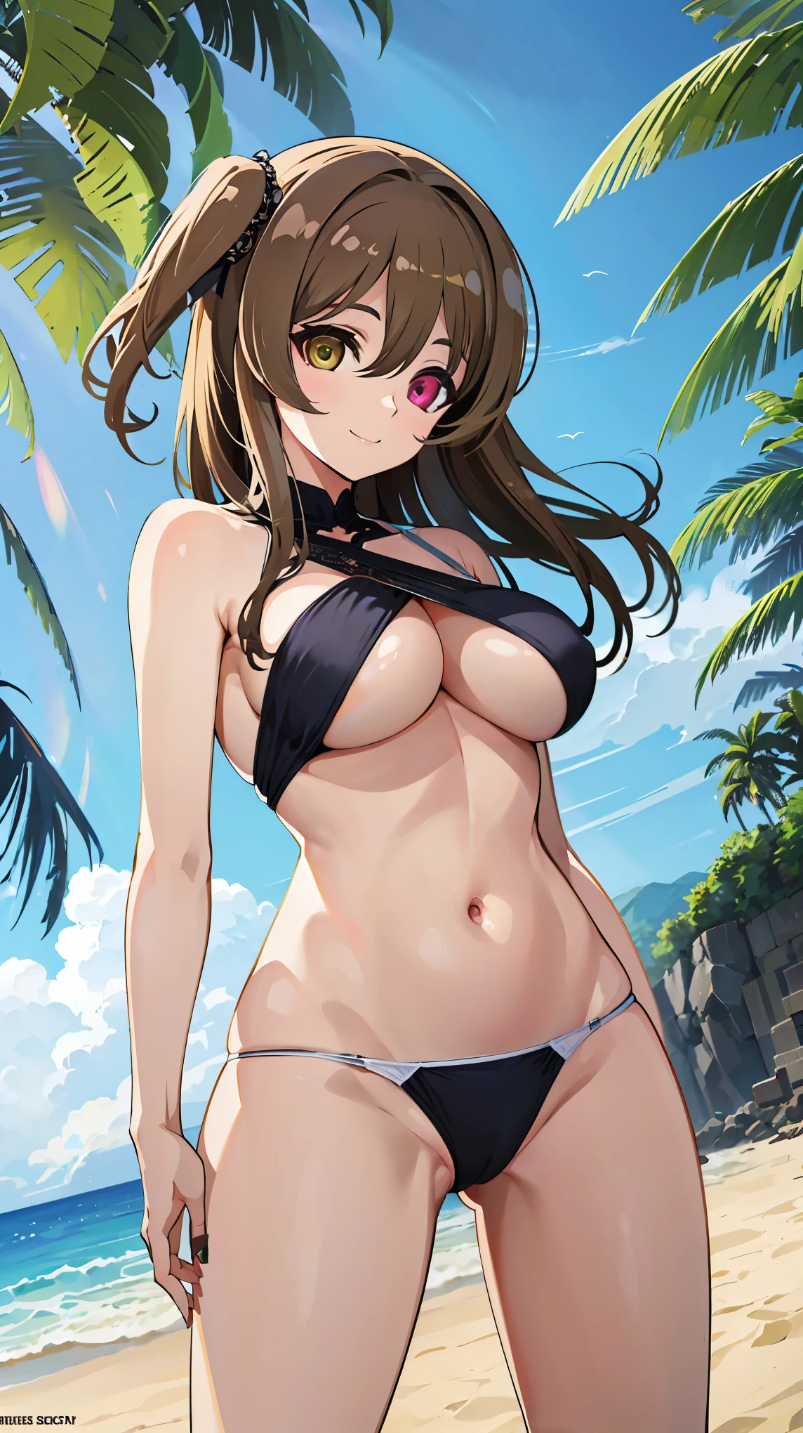 High resolution,masterpiece, highest quality, Kuo Shenlin , heterochromia , left red eye ,right yellow eye , smiling , (((busty))), 1girl, sensual body, Her cheeks flushed, vaginal secretions , Brown hair , swimsuit, bikini , Forward bend , looking at me , beach