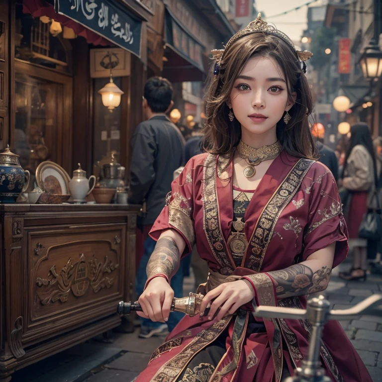 Ride an Antique Bicycle on Baker Street 、Hair Flow、 ((Highest quality、masterpiece、8k、Best image quality、Ultra-high resolution、Award-winning works)、(Accurate anatomy:1.1)、(Look at me and smile:1.1)、Shining fair skin with Ultra-high resolution、The most detailed face、Ultra-high resolution detailed face、Ultra-high resolutionの髪の毛、(Ultra-high resolutionの煌めく瞳:1.1)、Beautiful face drawn in every detail、(Blurred Background:1.1)、Ancient Islamic clothing, Chest to chest, tattoo,