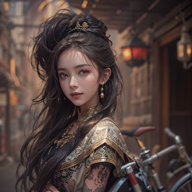 Ride an Antique Bicycle on Baker Street 、Hair flow、 ((highest quality、masterpiece、8k、Best image quality、Ultra-high resolution、Award-winning works)、(Accurate anatomy:1.1)、(Look at me and smile:1.1)、Shining fair skin with Ultra-high resolution、The most detailed face、Ultra-high resolution detailed face、Ultra-high resolutionの髪の毛、(Ultra-high resolutionの煌めく瞳:1.1)、Beautiful face drawn in every detail、(Blurred Background:1.1)、Ancient Islamic clothing, Chest to chest, tattoo,