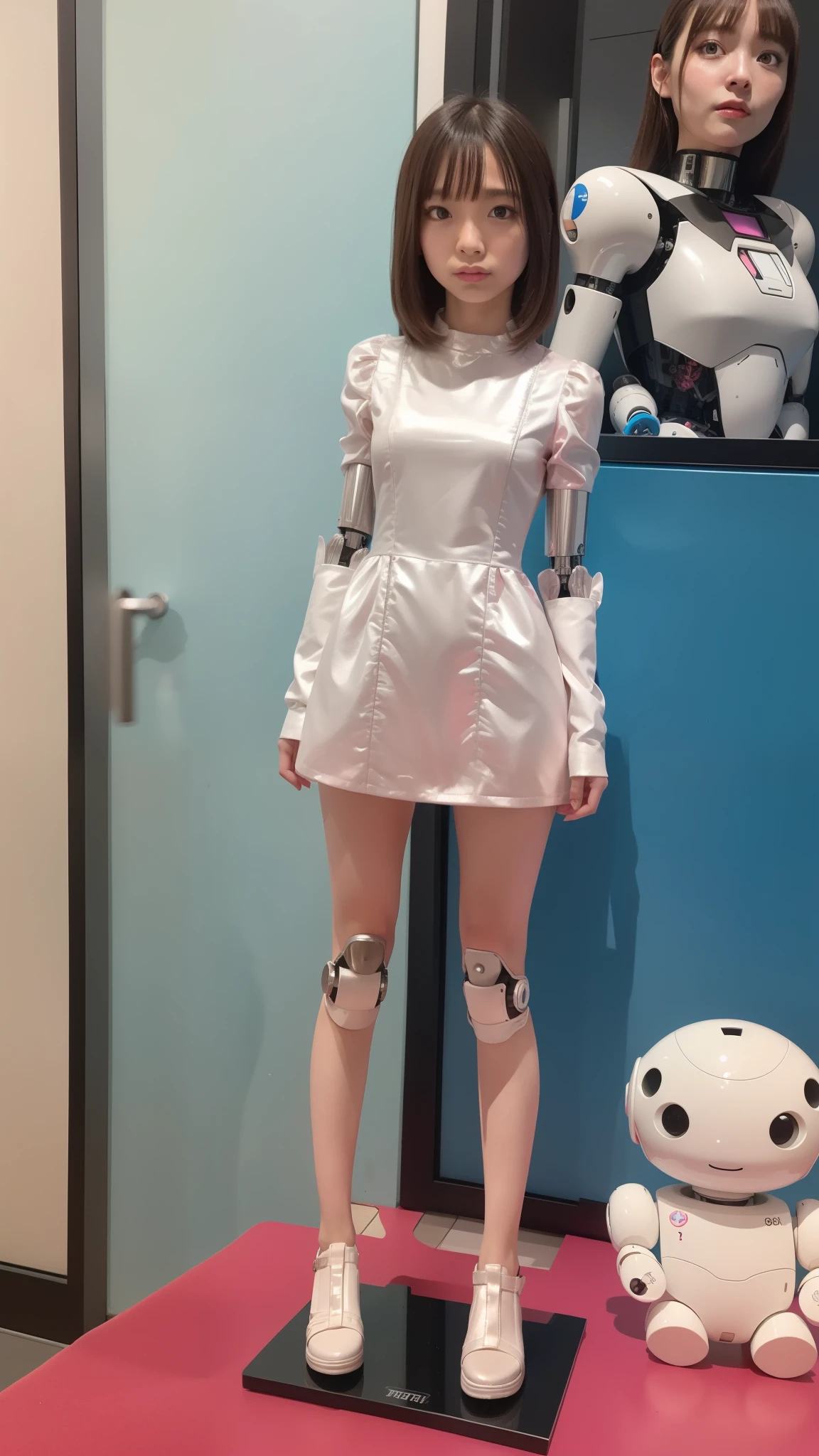 Robot Girl, pink there, Silver, Metallic body, Robot Parts, Metal Parts, Super Detailed Face, Super well-formed face, of the highest quality, a small face, a small head, Brown hair, Slender body, Camera gaze, Internal Mechanical Exposure, Idol, front facing, Well-proportioned body, sale, Exhibited, Event Hall, Moe Pose, pink metallic Lolita dress machine armor, Standing with legs open, Model body type, sad, Embarrassing,(Perfect Robot Girl),(Perfect machine body)