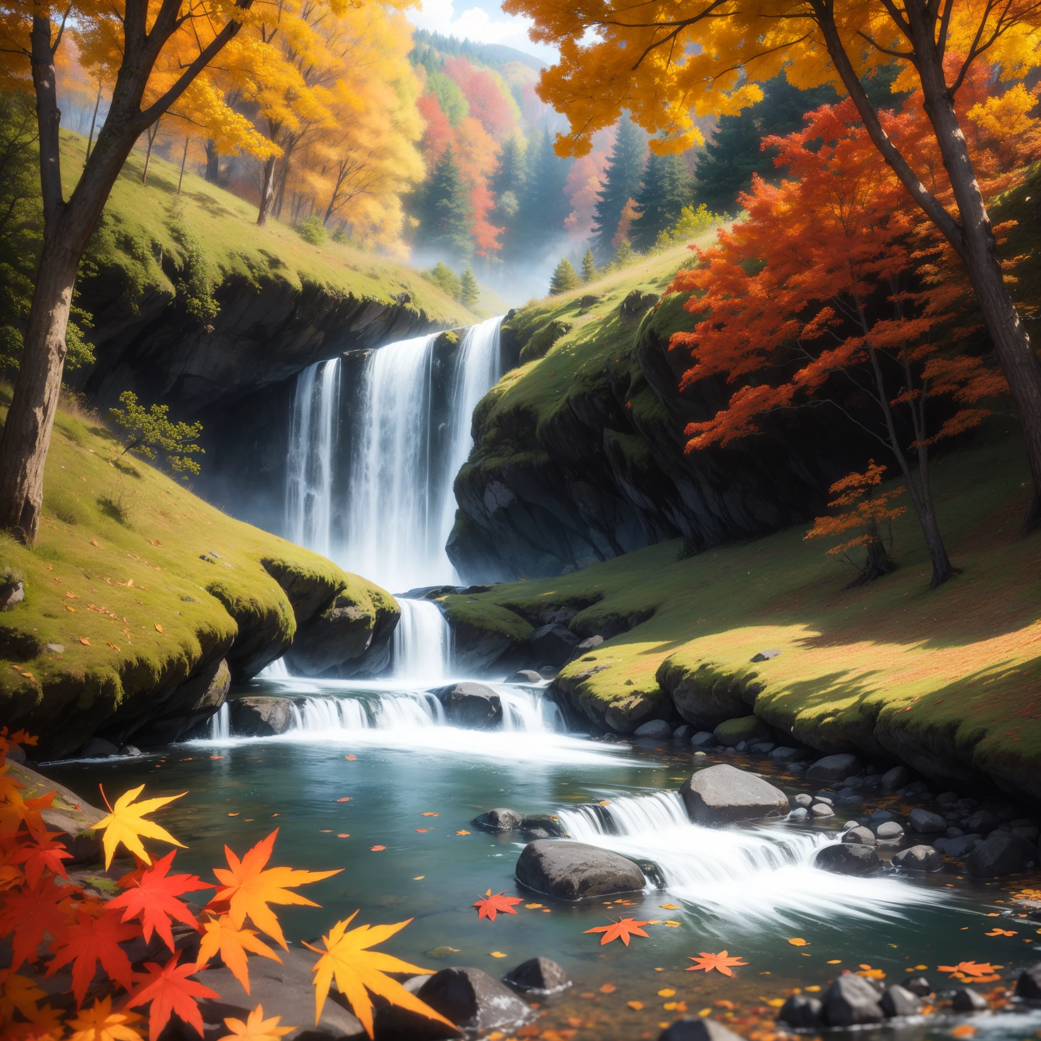 Autumn scenery、Autumn leaves are lush、Mountain全体を彩る様子が描かれている。Red or orange、Yellow leaves on a tree々Decorate、The beautiful gradation signals the deepening of autumn.。Sunlight filtering through the leaves、The way they draw patterns on the ground、It's like a natural work of art。A carpet of fallen leaves spreads out at my feet.、The scent of autumn is in the air。Mountain々is dyed in various colors、The landscape is enveloped in a soothing silence.。Falling leaves of autumn leaves、