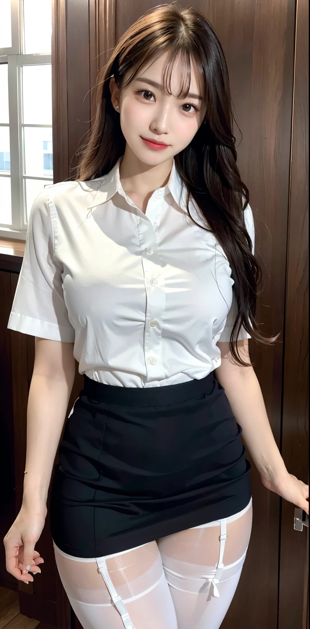 Photorealistic, high resolution, Soft light,1womanl, Solo, Hips up, shiny skins, (Detailed face),, jewelry, Secretary uniform, ((detailed White tight shirt)), Black mini short skirt, ((detailed pantyhose)), a garter belt, Night, White hair, Wavy hair, The beautiful, Grab the audience's eye, Lover's perspective, Invitation expression, Sexy smile, Perfect style, Perfect balance, Detailed skin, mischievous gaze,
