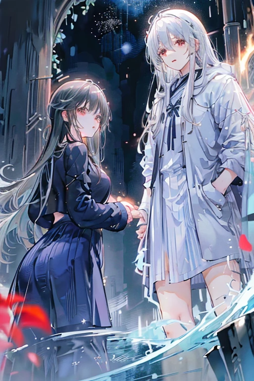 Beautiful anime art: divine couple: a cold girl with silver hair in a blue and white flowing dress and a dark, strong guy with black hair in scarlet and black flowing clothes