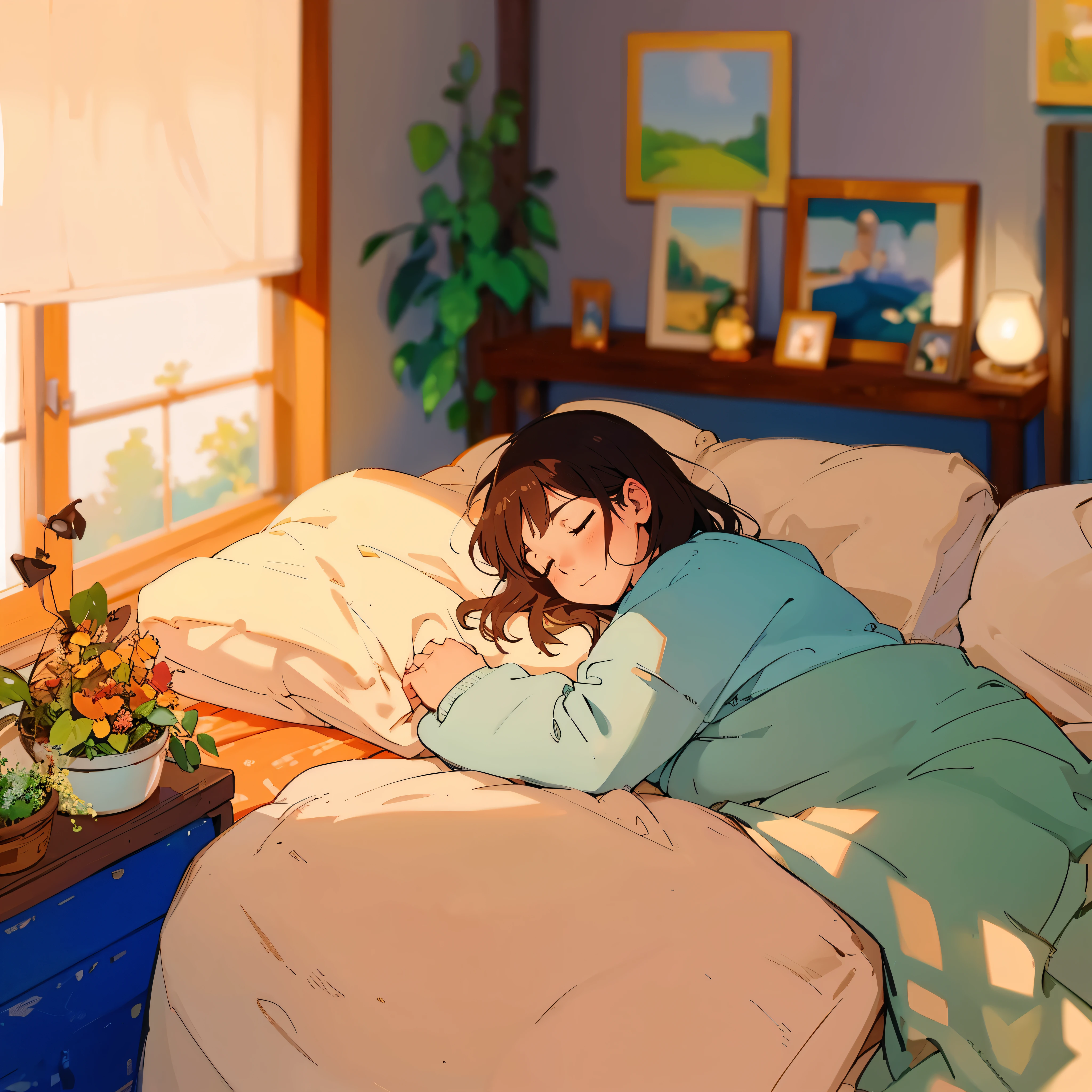 A Ghibli studio style art of a girl sleeping in her cozy living room on bed