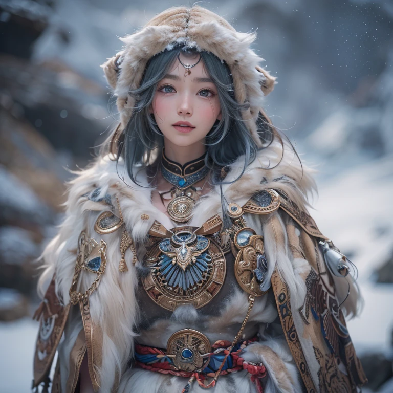 Hiding in the snowy mountains、Hair flow、 ((highest quality、masterpiece、8k、Best image quality、Ultra-high resolution、Award-winning works)、(Accurate anatomy:1.1)、(Look at me and smile:1.1)、Shining fair skin with Ultra-high resolution、The most detailed face、Ultra-high resolution detailed face、Ultra-high resolutionの髪の毛、(Ultra-high resolutionの煌めく瞳:1.1)、Beautiful face drawn in every detail、(Blurred Background:1.1)、Ancient Inuit clothing, Chest to chest, tattoo, Old ruins in the background、Apart from the real giant eagle