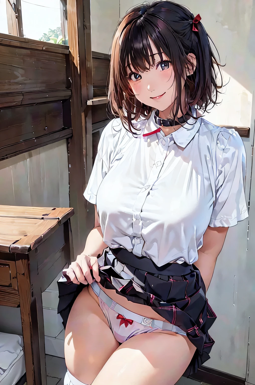 Very cute and beautiful girl、(Very detailedな美しい顔と目: 1.2)、(smile)、blush、Cowboy Shot、(No bra、White short-sleeved shirt with collar:1.2)、BREAK standing、(Skirt lifted、White panties: 1.5)、Dynamic Angle、Hair Ribbon、Black Hair、(Scarlet Check Mini Skirt)、White knee socks、break、Japanese  classroom、crowd、(highest quality、masterpiece:1.2)、Disturbance、High resolution、Super fine、Very detailed、32k、8K resolution、Detailed Scene、Detailed Background、solo、Dynamic Angle、