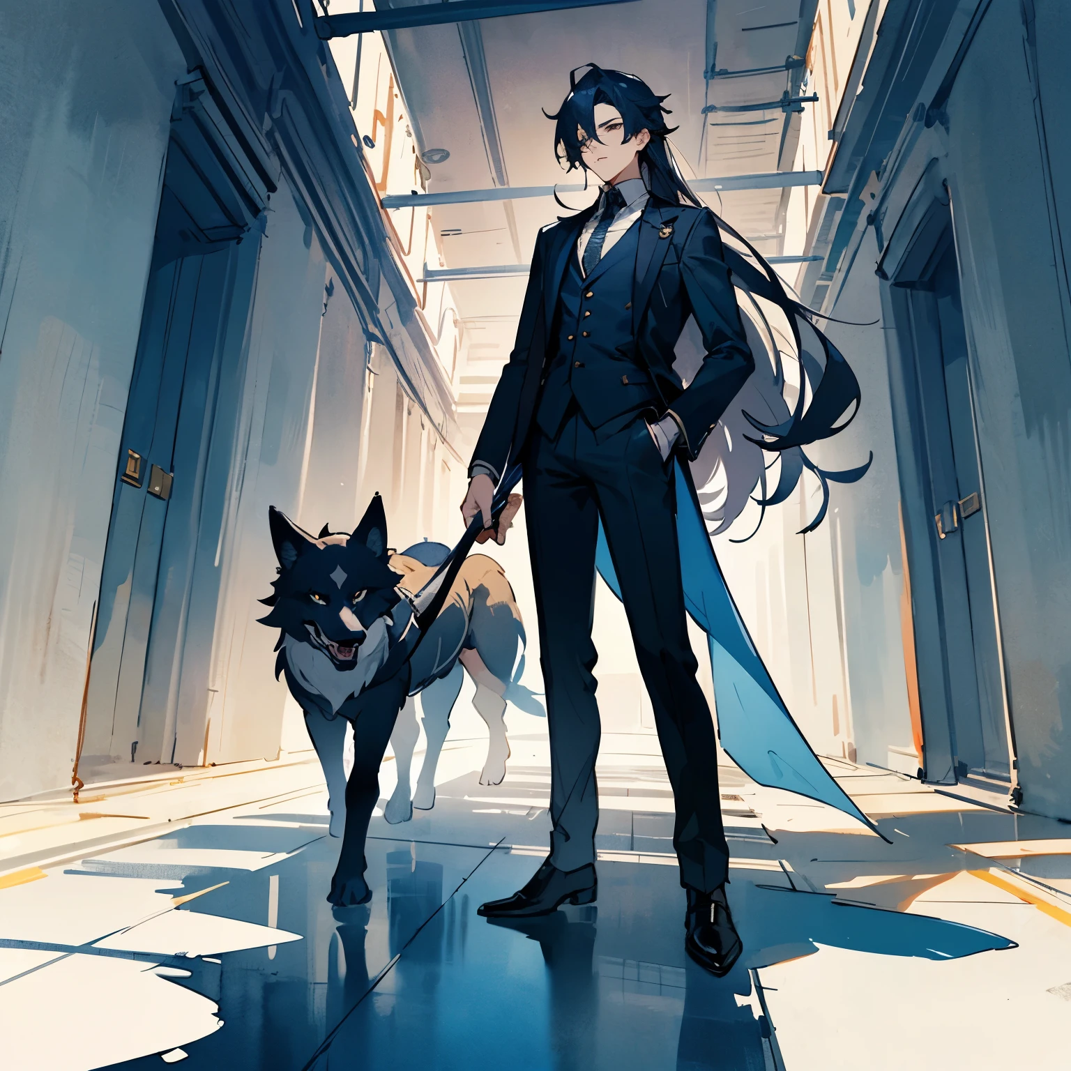 In a modern metropolitan city、A handsome young man with long hair standing in a narrow passageway。Slender and delicate。Dragon、A person with wolf elements。
Watercolor illustration style full body drawing。
The background is dark、No lighting。