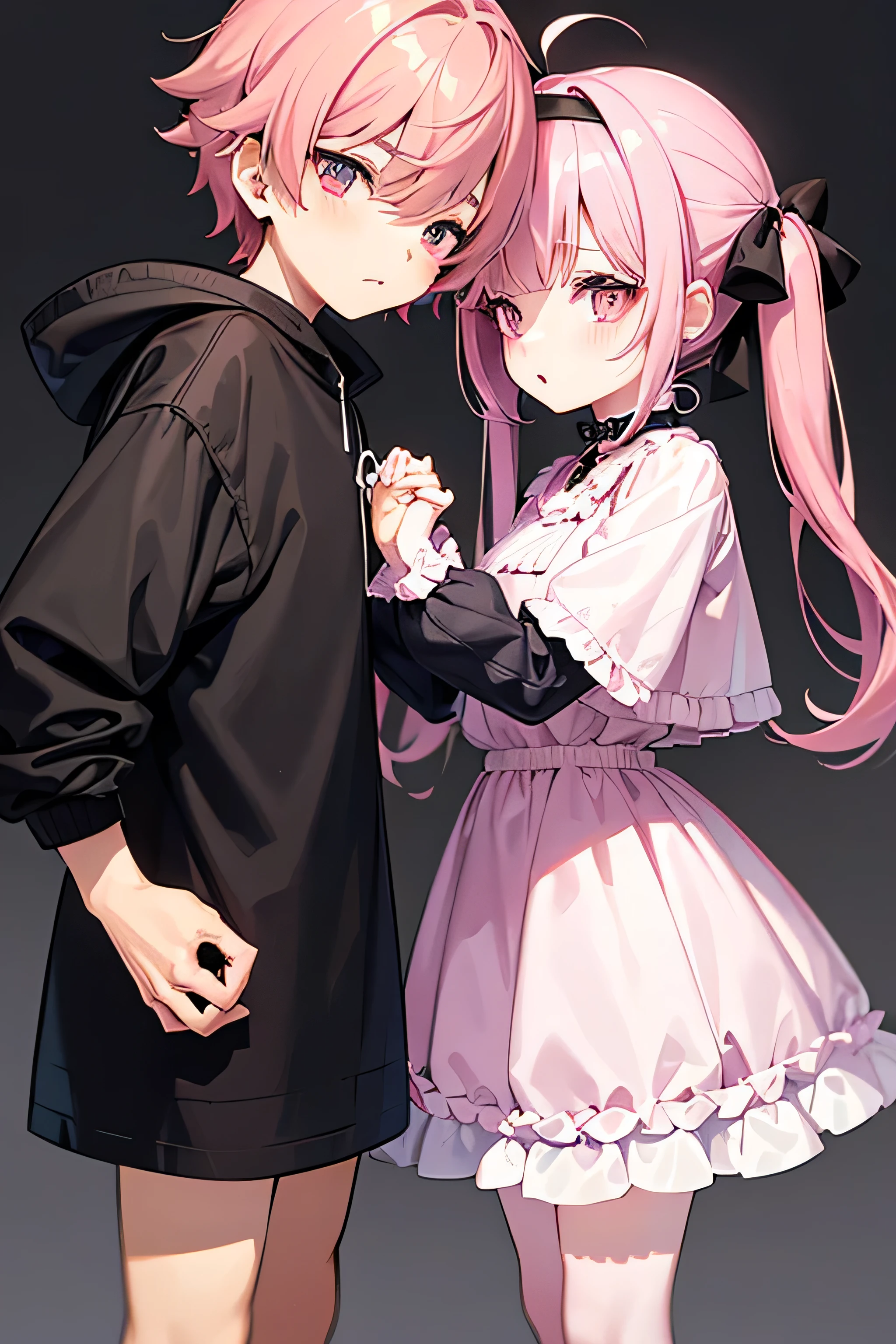 Style little girls and boys(Lori、Shota)
Two men and women couple pose holding hands character little girl(Lori)...Mass-produced female clothing: Strawberry patterned mass-produced one-piece dress Hairstyle: Twin tails Pink hair Eye color: Pink Eye shape: Droopy eyes Boy(Shota)…Clothes: Black hoodie Hairstyle: Black mashed hair Eye color: Normal shape of pupil