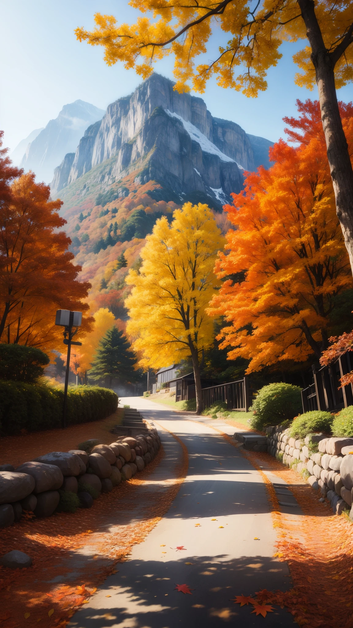 Autumn scenery、Autumn leaves are lush、Mountain全体を彩る様子が描かれている。Red or orange、Yellow leaves on a tree々Decorate、The beautiful gradation signals the deepening of autumn.。Sunlight filtering through the leaves、The way they draw patterns on the ground、It's like a natural work of art。A carpet of fallen leaves spreads out at my feet.、The scent of autumn is in the air。Mountain々is dyed in various colors、The landscape is enveloped in a soothing silence.。Falling leaves of autumn leaves、