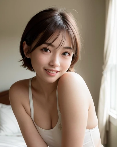 8K, (hyper realisitic:1.35), (Realistic:1.4), 1 beautiful Korean girl,A smile、独奏で.Thin makeup、​masterpiece, Top image quality, hight resolution, 独奏, no-pantie、no-bra, Latina, puberty, Jumping Window, frombelow, Open both thighs、The thighs are exaggerated, obscenity, a bed, Hairy genitals, hard breathing,  expressions, Open legs、独奏で:1.5), (japanaese girl:1.5), close-up, masutepiece, Best Quality, FULL ANATOMY, Raw photo, Photorealism, Face, Incredibly ridiculous, Beautiful Girl, Cute, Short hair, depth of fields, hight resolutionであり, Ultra Detail, Fine detail, Very detailed, extremely detailed eye and face, Sharp pupils, Realistic pupils, Sharp Focus, Cinematic lighting, Flat breasts, Small breasts, Small, (Small bust:1.2), Small bust, (slim, Small, Flat, Small), slender, Delicate and sexy collarbone, slender, masutepiece, Soft light, 白いa bedの上,Naked without a single thread! Hairy genitals、Rooms with natural light、a bedの上に横になっている、Open your crotch、Hairy genitals（Pubic hair around the labia majora）、I can see your 、cute shy expression、Makeup that makes you look almost without makeup、The skin color of the body and the skin color of the face are the same color、Unadorned natural color&#39;dong&#39;dong&#39;dong&#39;dong&#39;dong&#39;dong&#39;dong&#39;Don&#39;t make your face too white、Supernatural skin、I have a small mole on my chest、Natural light coming in through the window、Small devil&#39;charm of