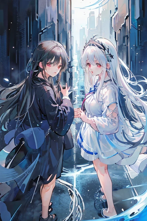 Beautiful anime art: divine couple: a cold girl with silver hair in a blue and white flowing dress and a dark strong guy with black hair in scarlet and black flowing clothes