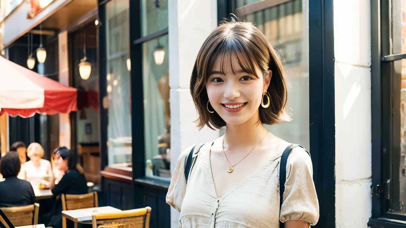 super high quality, Short Hair, Slender, Gravure photoshoot, The staff is working at the counter in the back., (8k、RAW Photos、highest quality、masterpiece:1.2), Japanese Idol, Shaggy, Stylish café, The cafe is crowded with people enjoying themselves., (Realistic、Photorealistic:1.37), Mesh Hair, Urban Cafe, Golden Ratio, Raw photo, Cute face , Light Brown Hair, Earrings, Small breasts, Bright cafe interior, Beauty salon model, Spring Clothes, necklace, Spoiled, Cafe Terrace, Open Cafe, Smile, Hair blowing in the wind, Neat clothes, T-Shirts, 18-year-old, younger sister, 
