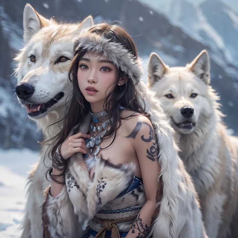Hiding in the snowy mountains、Hair flow、 ((highest quality、masterpiece、8k、Best image quality、Ultra-high resolution、Award-winning works)、(Accurate anatomy:1.1)、(Look at me and smile:1.1)、Shining fair skin with Ultra-high resolution、The most detailed face、Ultra-high resolution detailed face、Ultra-high resolutionの髪の毛、(Ultra-high resolutionの煌めく瞳:1.1)、Beautiful face drawn in every detail、(Blurred Background:1.1)、Ancient Inuit clothing, Chest to chest, tattoo, Old ruins in the background、Aside from real wolves