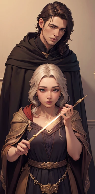 uma linda feiticeira, cabelo loiro, Magia, cabelo curto loiro, estilo fantasia, vestido loiro, sorriso loiro, detalhado blue eyes, detalhado brown eyes, revelando o manto assassino, Magia robe, D&D, The cloak is made of origami, Weilding, sprinkle of times, detalhes intrincados, realista, octane rendering, Focado, detalhado, photorealista, hiperrealismo, 4k