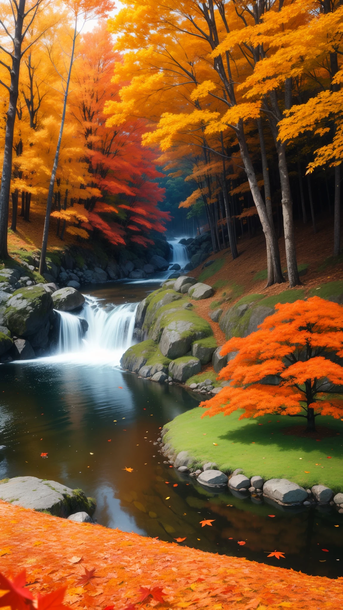 Autumn scenery、Autumn leaves are lush、Mountain全体を彩る様子が描かれている。Red or orange、Yellow leaves on a tree々Decorate、The beautiful gradation signals the deepening of autumn.。Sunlight filtering through the leaves、The way they draw patterns on the ground、It's like a natural work of art。A carpet of fallen leaves spreads out at my feet.、The scent of autumn is in the air。Mountain々is dyed in various colors、The landscape is enveloped in a soothing silence.。Falling leaves of autumn leaves、