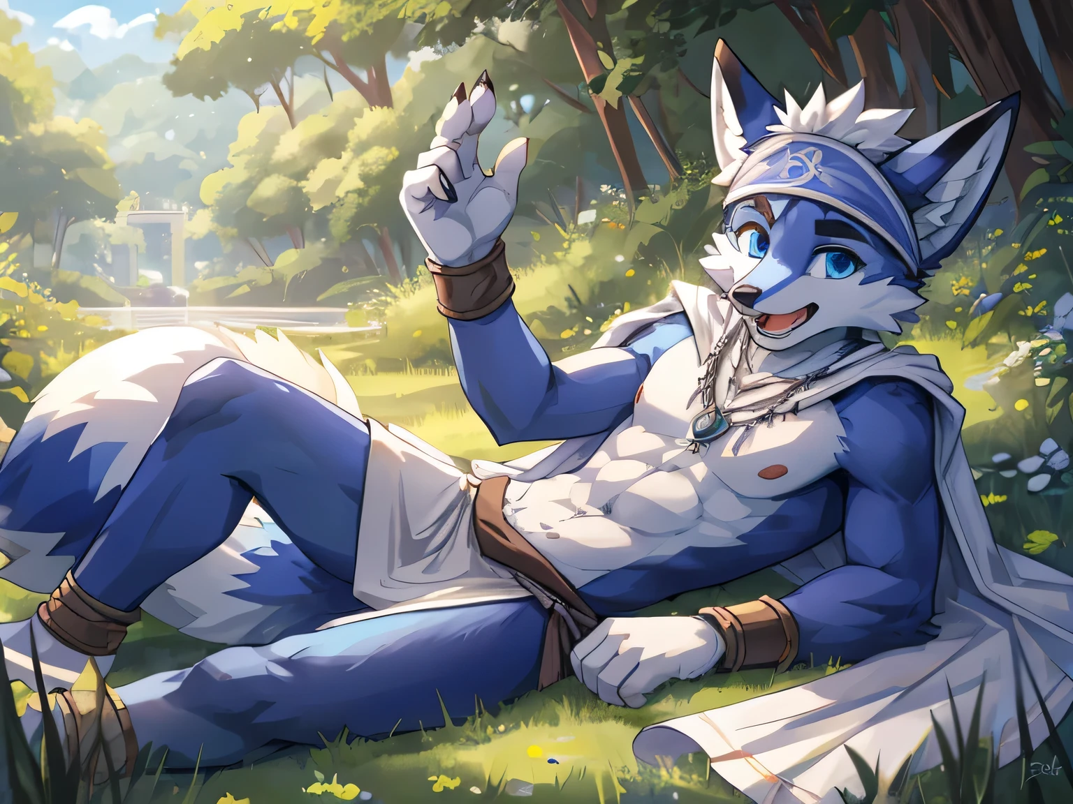 a teenanger,solo,freshmen,young people,white hair, nipples，fox, blue eyes, masterpierce, blue fur, clean face, 
thick eyebrows, detailed eyes, anthro, hand, claw, headband，loincloth, white cape，outdoor,lying down,open mouth,greetings,saying hello,looking at viewer,necklace,wrist guard