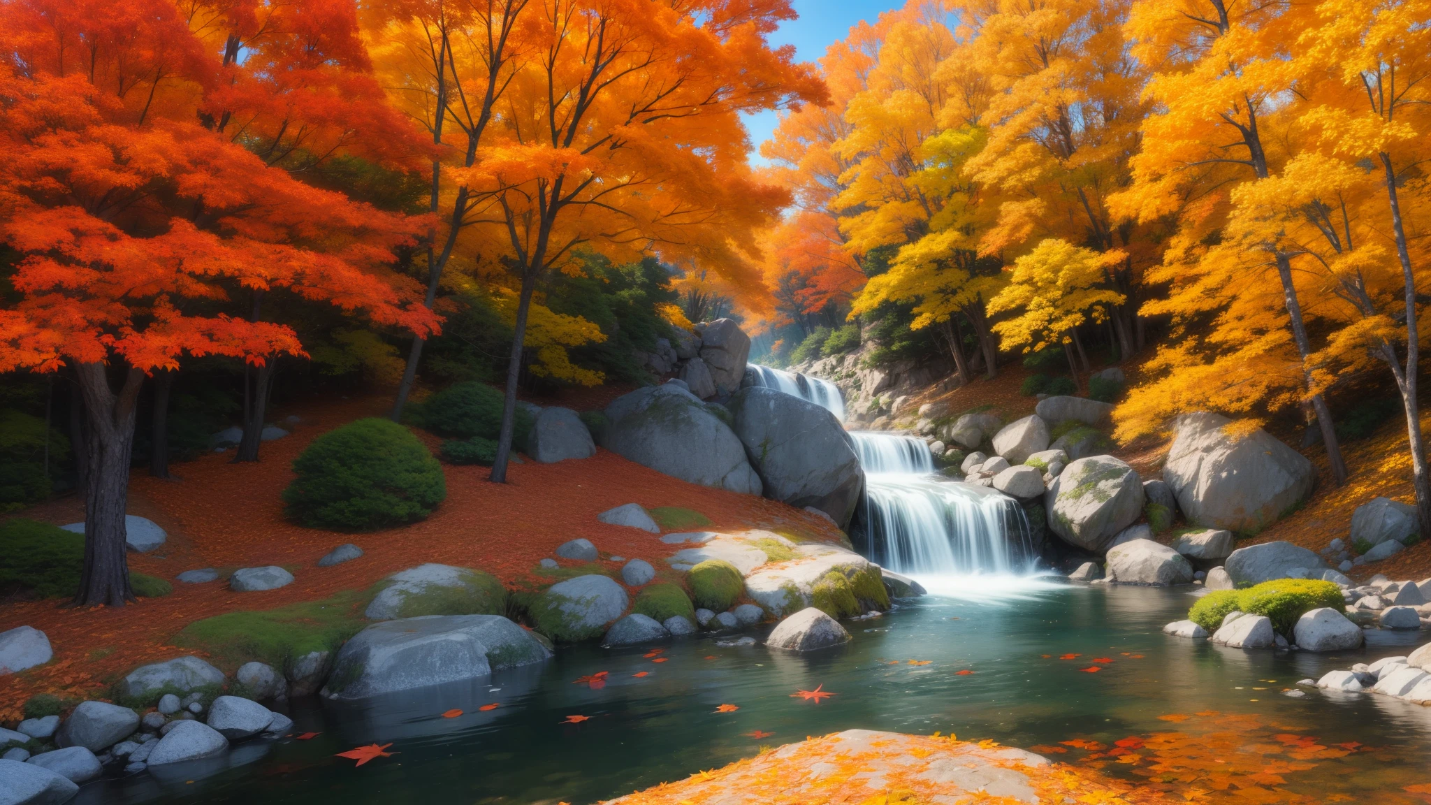 Autumn scenery、Autumn leaves are lush、Mountain全体を彩る様子が描かれている。Red or orange、Yellow leaves on a tree々Decorate、The beautiful gradation signals the deepening of autumn.。Sunlight filtering through the leaves、The way they draw patterns on the ground、It's like a natural work of art。A carpet of fallen leaves spreads out at my feet.、The scent of autumn is in the air。Mountain々is dyed in various colors、The landscape is enveloped in a soothing silence.。Falling leaves of autumn leaves、