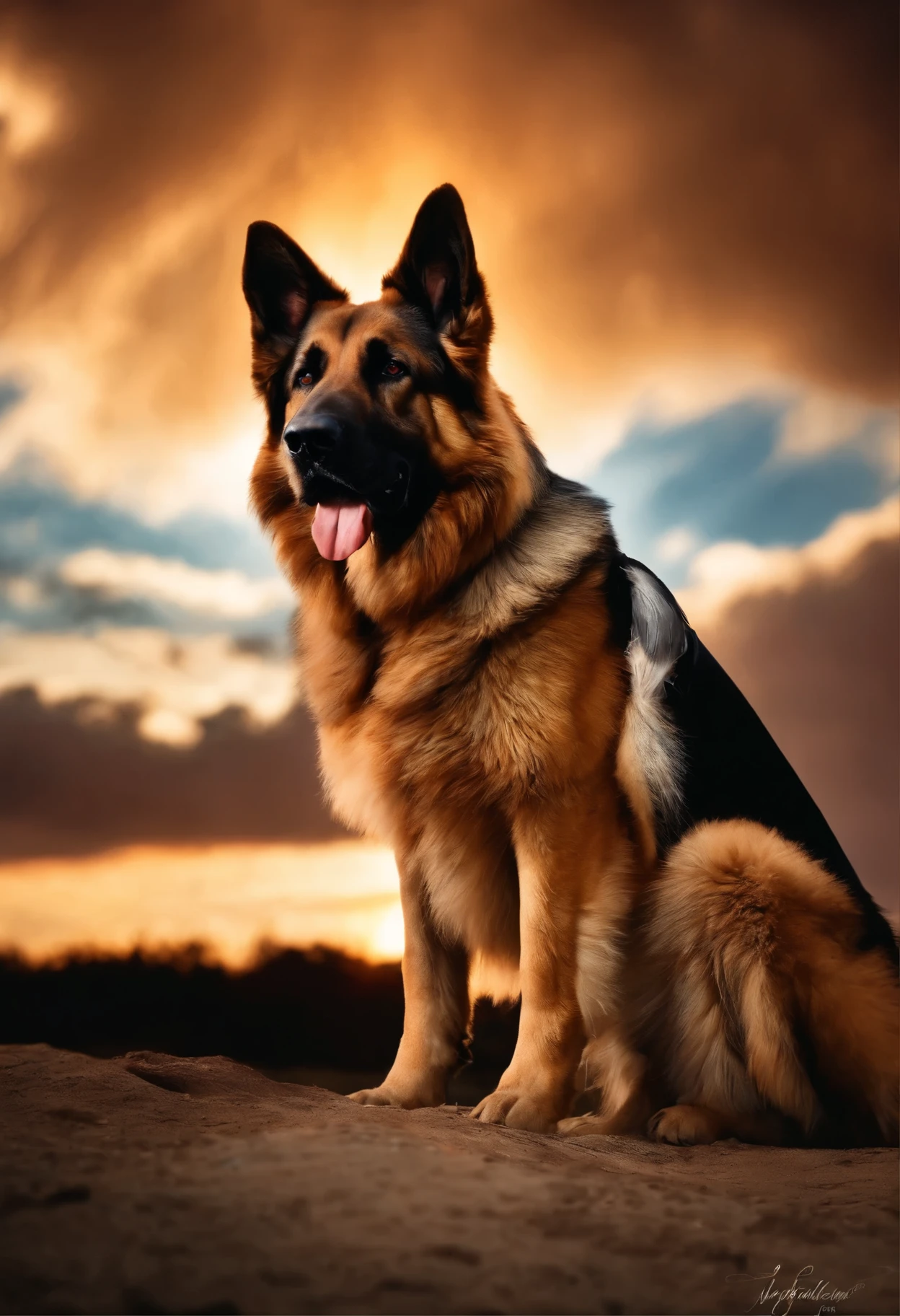 German shepherd with angel wings in the sky