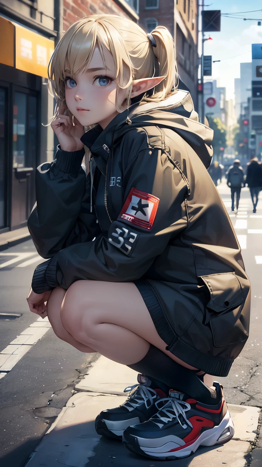 (highest quality, 8k, 32k, masterpiece, Ultra-high resolution):1.2, Blurred Background, Great photo with beautiful saturation, Ultra-high resolution,(Realistic:1.4)),Deep Shadow,(highest quality), ultra Realistic,32k,Highly detailed CG Unity 8k wallpaper, highest quality, (Detailed face, Perfect Face, Perfect Eyes, Realistic eyes),1 girl,Trendy clothes,clock,sneakers,Squat down,Hands hang down naturally,Hooded jacket,Street side,(Elf),(Blonde)