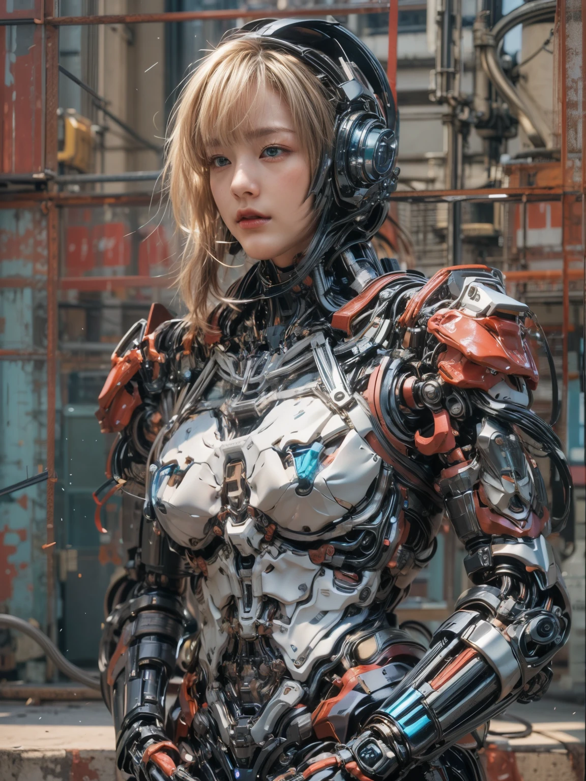 (best quality:1.2), 8k, highres, octan render, (masterpiece), extremely ultra detail, cyborgized Japanese woman, extremely ultra cute face, , skinny body, flat chest, (blue metallic mechanical frame:1.5), (Power cables connected throughout the body), detaile up, Instead of hair, there are cables growing out of it, mechanical fusion, mechanical skeleton, bio mechanics, mechanical life-form, highly intricate detail, extremely ultra real texture, human-like skin, realistic hair, ultra realistic details, professional lighting, (realistic:1.4), (RAW photo:1.2), (photorealistic:1.37)