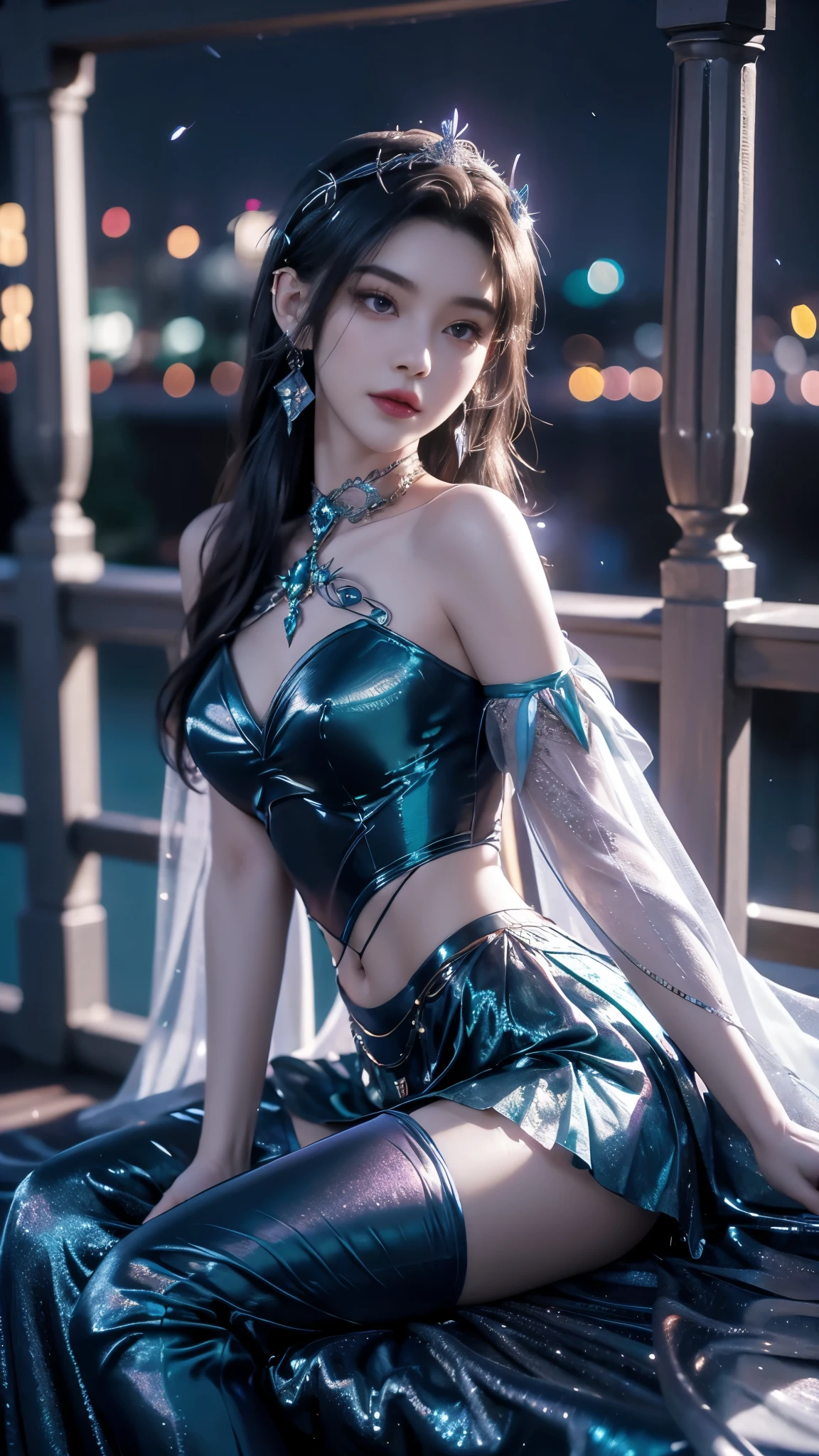 8K, UHD, MAsterpiece, best quality, 1 girl, (realistic face), happy pace, very long hair, small breasts, decorated dress, very beautiful ornaments dress, ((silver and teal color)), ((lace)), mesh dress, sardine, loops, legendary night balcony, depth of field, cinematic lighting, chromatic aberration, motion blur, glowing light, god rays, ray tracing, reflection light, backlighting, navel short,