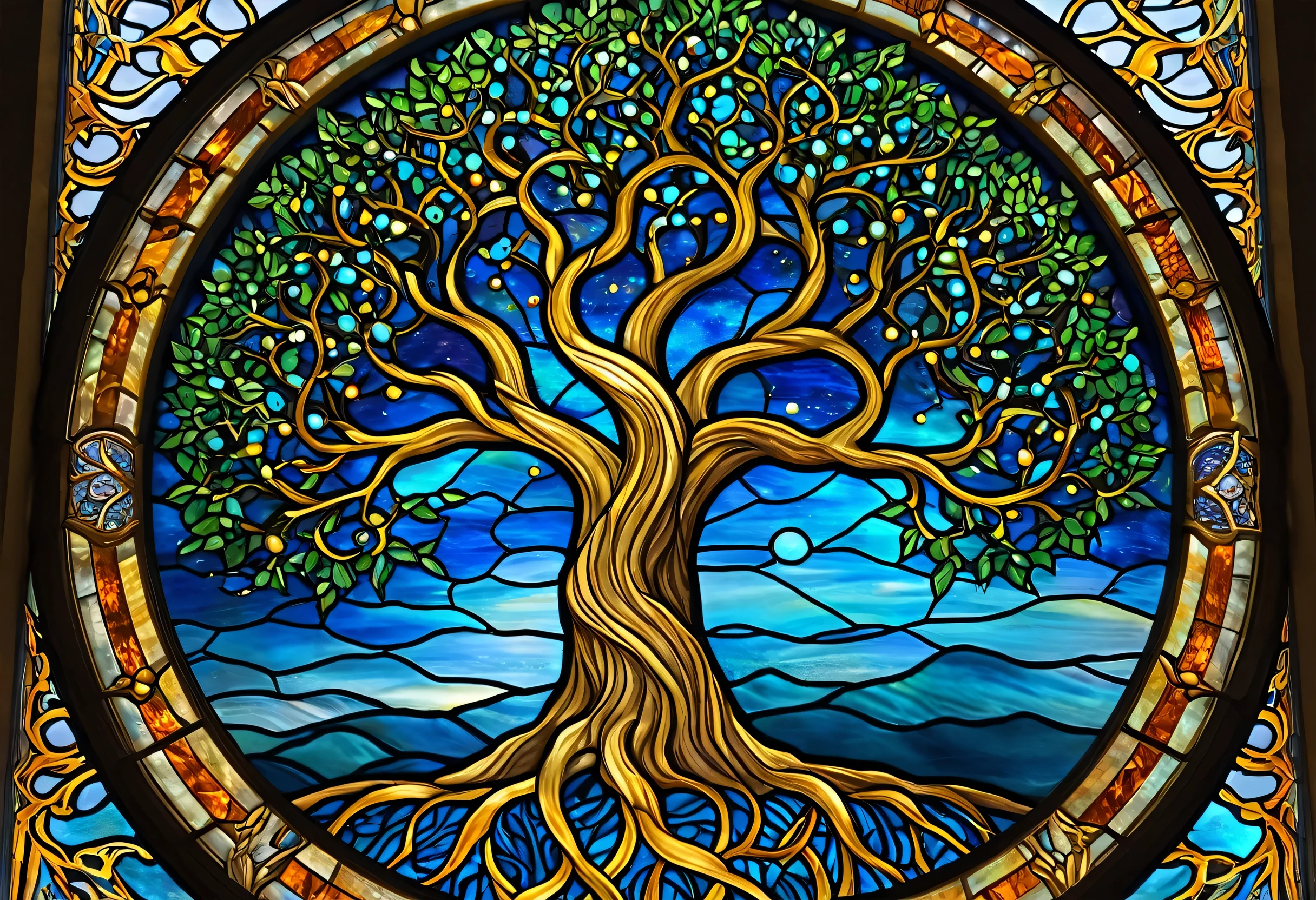 Close-up of a stained glass window depicting a tree, Space Tree of life, Tree of Life seed of doubt, the world Tree, Tree of Life, the Tree of Life, Tree of Life inside the ball, Space Tree, world Tree, Visionary artistic style, Highly detailed fantasy art, Exquisite oil painting, Stained Glass Art, Collective Civilization Tree