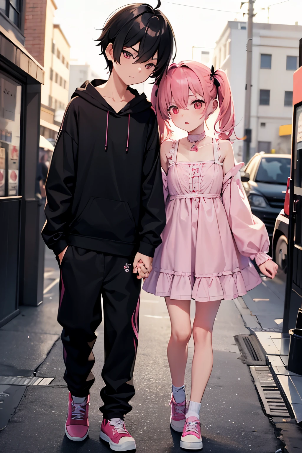 Style girls and boys(Lori、Shota)
Couple composition of two men and women, front view, pose, holding hands, character, young girl(Lori)...Mass-produced female clothing: Strawberry mass-produced one-piece dress Hairstyle: Twin tails Pink hair Eye color: Pink Eye shape: Droopy eyes Boy(Shota)…Clothes: Black hoodie Hairstyle: Black hair, jet black mash Eye color: Normal shape