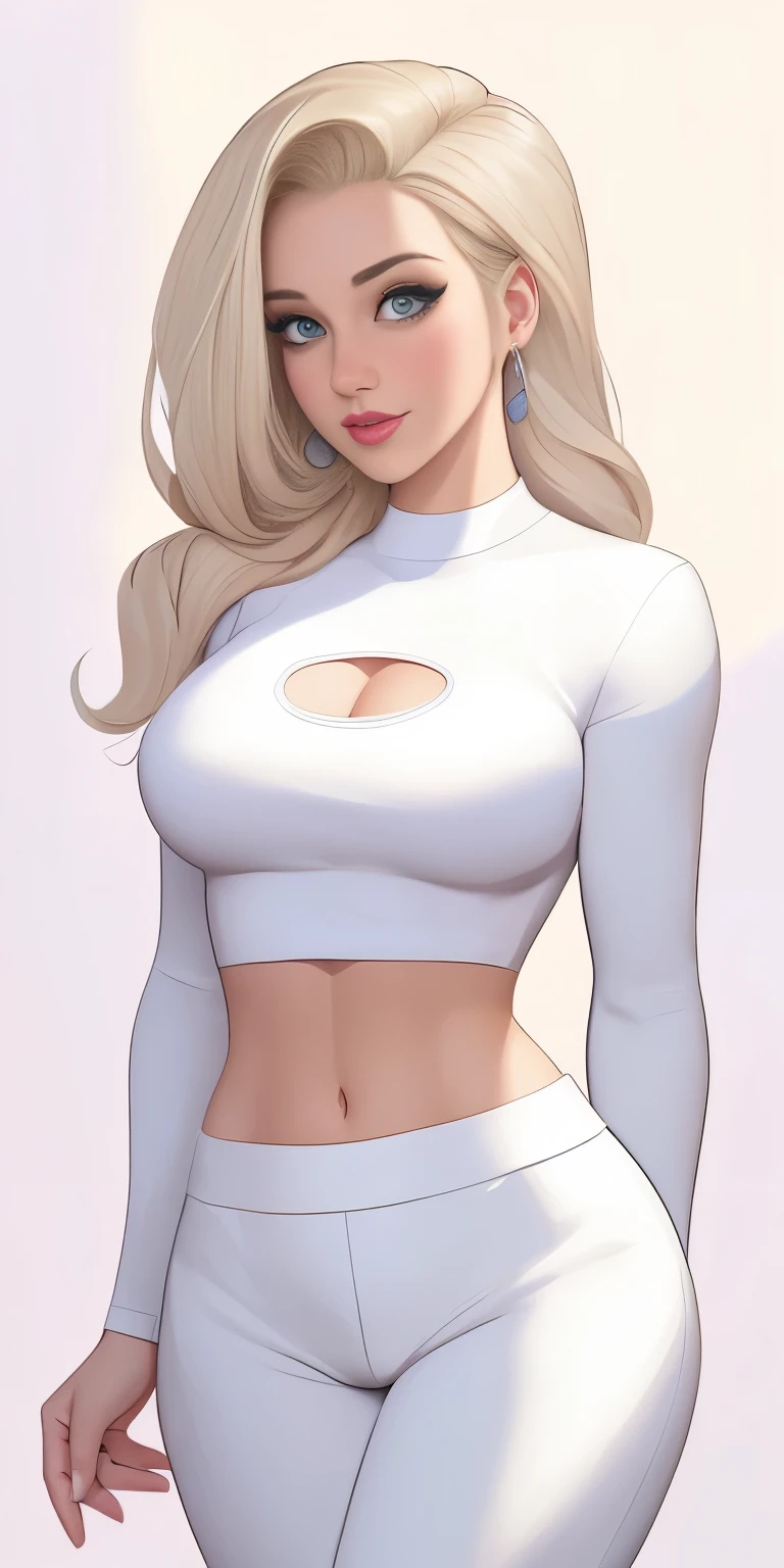 A cartoon image of a woman in a white top and white pants, fanart da coelhinha lola, commission for high resolution, CO Commission, Gwen Stacy, corpo perfeitamente sombreado, Emma Geada, Retrato de Emma Frost, Deusa loira, desenhado no estilo de artgerm, em roupas brancas, corpo perfeito sombreado realista, Betty Cooper, It&#39;s not artgerm style