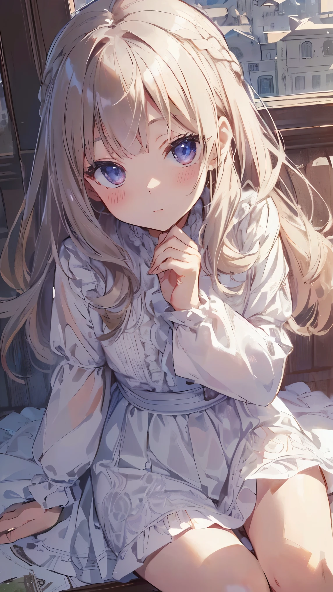Masterpiece、Highest quality、highest quality、(((Lori)))、 ((((Petite))、Shiny hair quality、Small face、Sitting、Super detailed, beautiful, wide eyes、Ultra-detailed, clear and beautiful faces、(cute illustration:1.2), High-resolution, ultra-detailed, best quality, embarrassed 