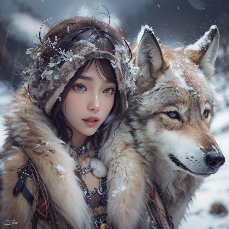 Hiding in the snowy mountains、Hair flow、 ((highest quality、masterpiece、8k、Best image quality、Ultra-high resolution、Award-winning works)、(Accurate anatomy:1.1)、(Look at me and smile:1.1)、Shining fair skin with Ultra-high resolution、The most detailed face、Ultra-high resolution detailed face、Ultra-high resolutionの髪の毛、(Ultra-high resolutionの煌めく瞳:1.1)、Beautiful face drawn in every detail、(Blurred Background:1.1)、Ancient Inuit clothing, Chest to chest, tattoo, Old ruins in the background、Aside from real wolves